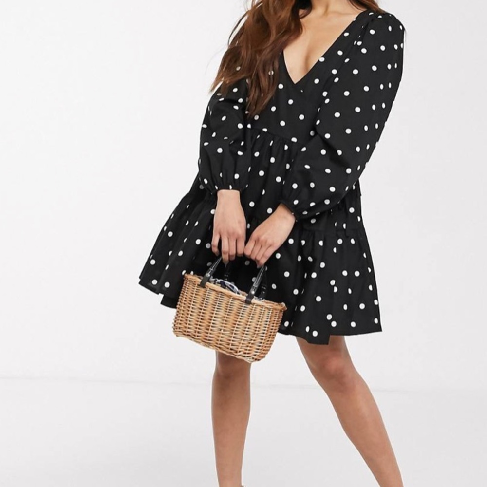 ASOS DESIGN Cotton Poplin Trapeze Tiered Mini Dress in Polka Dot Size 14